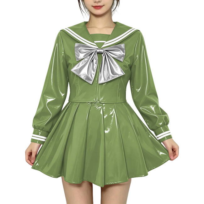 Anime Sailor Cosplay JK Uniform PVC Glossy Leather Sweet Sailor Suit Long Sleeve Bow Short Top with Pleated Mini Skirt Plus Size