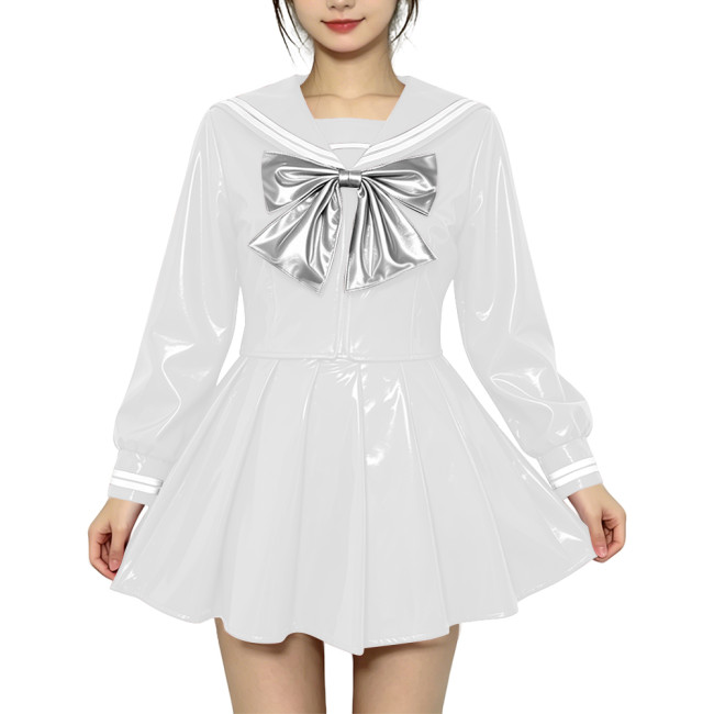 Anime Sailor Cosplay JK Uniform PVC Glossy Leather Sweet Sailor Suit Long Sleeve Bow Short Top with Pleated Mini Skirt Plus Size