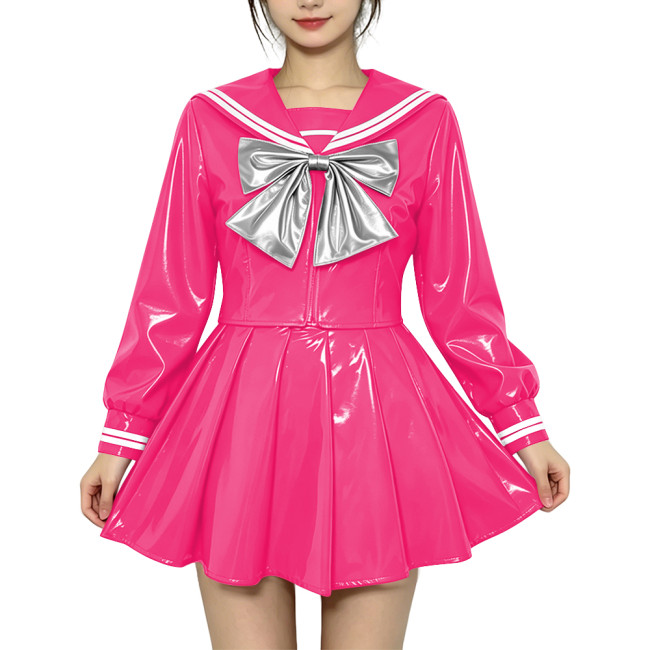 Anime Sailor Cosplay JK Uniform PVC Glossy Leather Sweet Sailor Suit Long Sleeve Bow Short Top with Pleated Mini Skirt Plus Size
