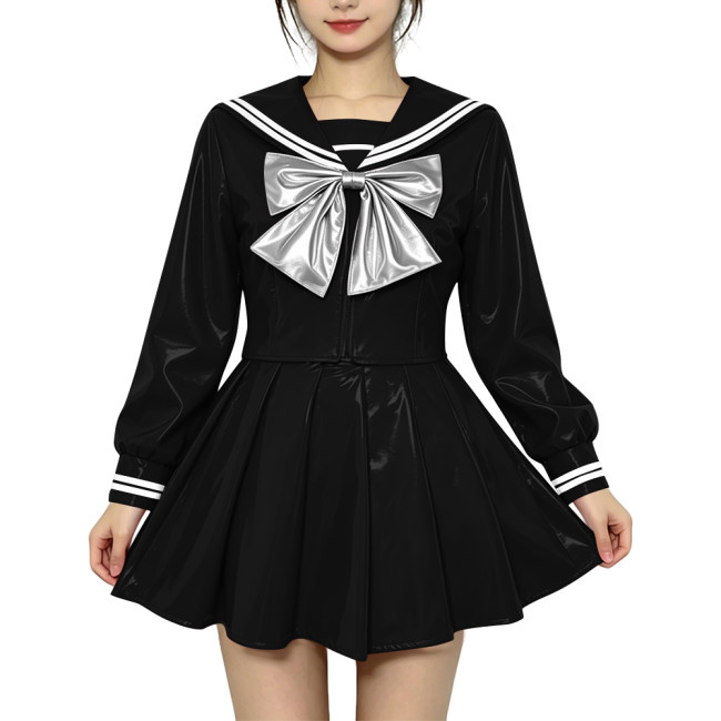 Anime Sailor Cosplay JK Uniform PVC Glossy Leather Sweet Sailor Suit Long Sleeve Bow Short Top with Pleated Mini Skirt Plus Size