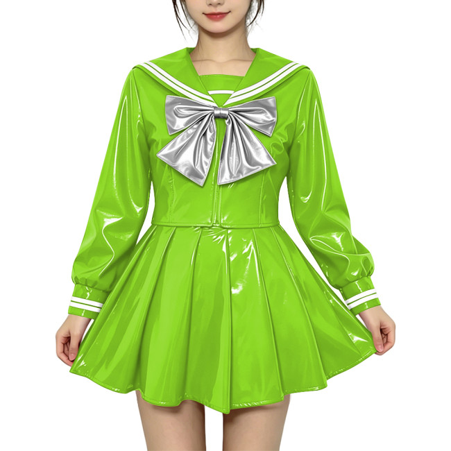 Anime Sailor Cosplay JK Uniform PVC Glossy Leather Sweet Sailor Suit Long Sleeve Bow Short Top with Pleated Mini Skirt Plus Size