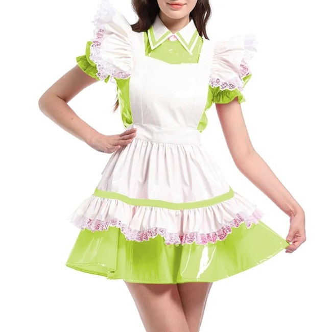 Sissy Glossy PVC French Maid Uniforms Short Puff Sleeves Lolita Cosplay Outfit Halloween Costumes Adult Fetish, Cross Dressing
