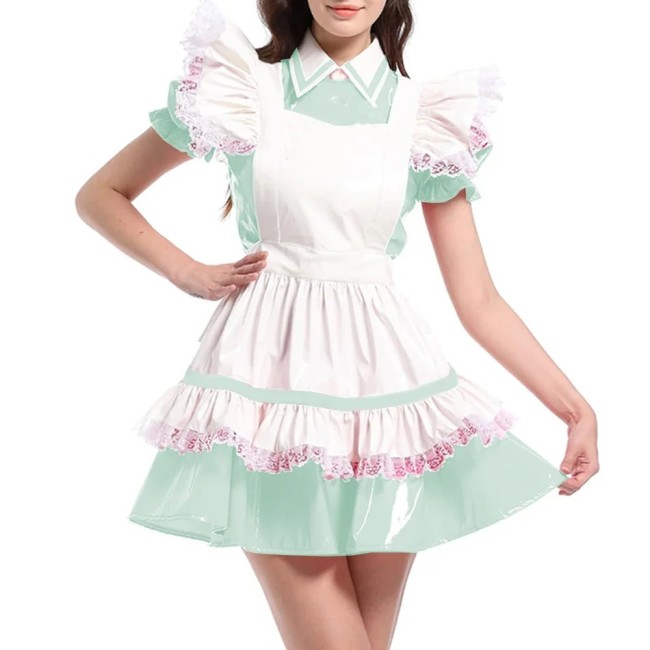 Sissy Glossy PVC French Maid Uniforms Short Puff Sleeves Lolita Cosplay Outfit Halloween Costumes Adult Fetish, Cross Dressing