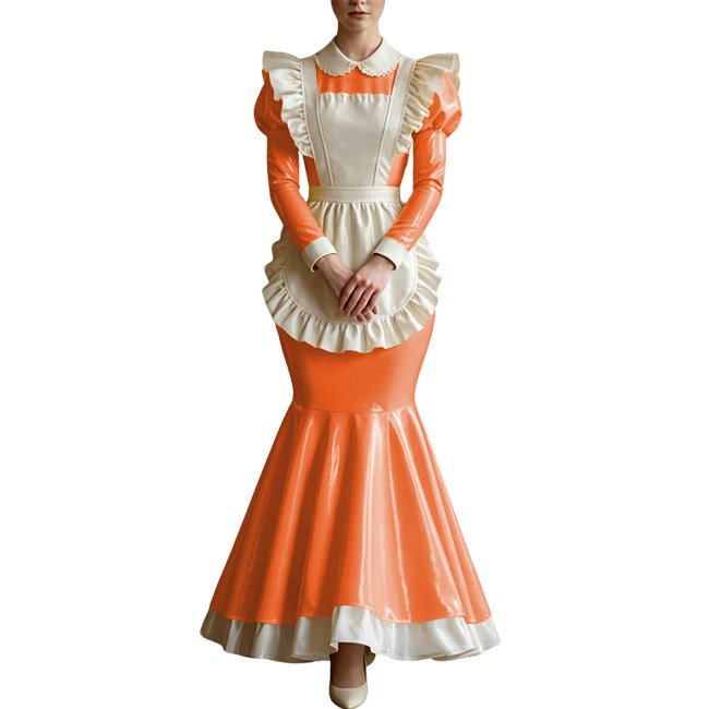 Wet PVC Leather Long Mermaid Prom Dress Sissy Party Cosplay Maid Uniforms Long Sleeves Peter Pan Collar Ruffles Dress with Apron