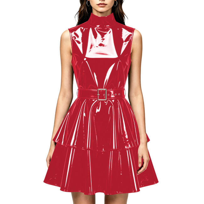 Women Shiny PVC Leather Sleeveless Mini Dress High Neck Wetlook Ruffle Dress with Belt Fashion Evening Cocktail Short Gown Dress