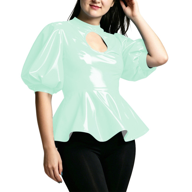 Vinyl PVC Leather Puff Sleeve Ruffles Blouses Cutout Mock Neck Slim Flare Hem Tops High Street Club Party Blouses Women Outfit