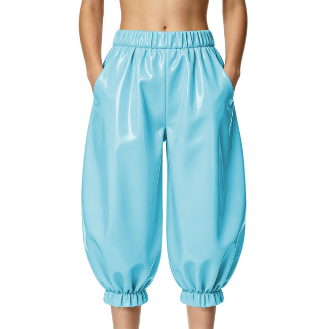 Ladies Shiny PVC Baggy Capri Trousers High Waist Wetlook Loose Midi Pants Womens Clothing Punk Vinyl Party Cropped Harem Pants