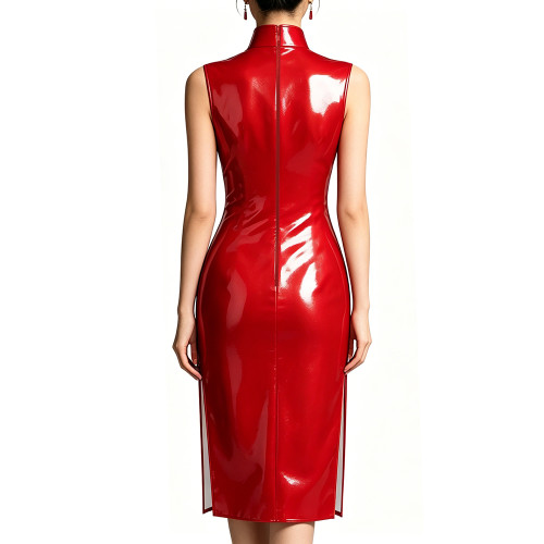 Plus Size Ladies Vintage Glossy Midi Cheongsam Dress Stand Collar Sleeveless Vinyl PVC Leather Elegant Dress with Split Clubwear