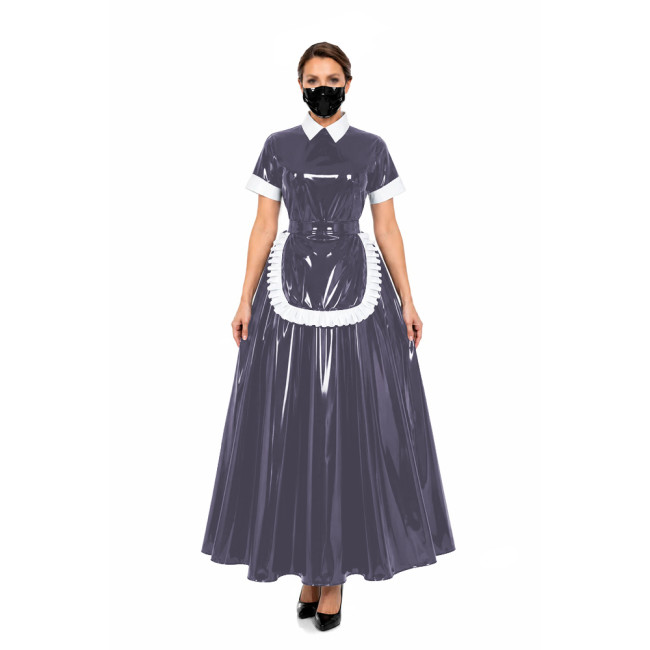 Glossy Gothic PVC Leather Long Maid Dress Outfits Lockable Short Sleeve Maxi A-line Dresses Sissy Maid Uniform Cosplay Costumes