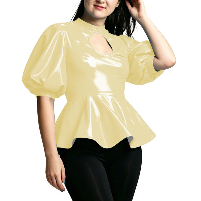 Vinyl PVC Leather Puff Sleeve Ruffles Blouses Cutout Mock Neck Slim Flare Hem Tops High Street Club Party Blouses Women Outfit