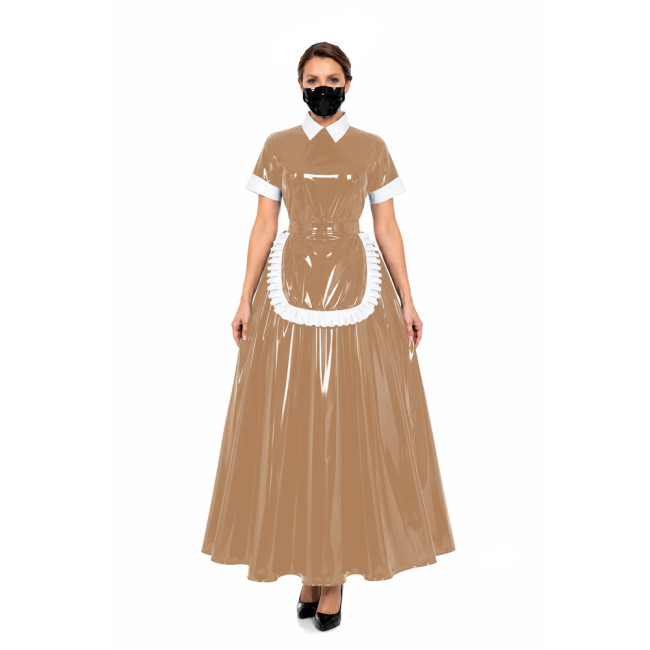 Glossy Gothic PVC Leather Long Maid Dress Outfits Lockable Short Sleeve Maxi A-line Dresses Sissy Maid Uniform Cosplay Costumes