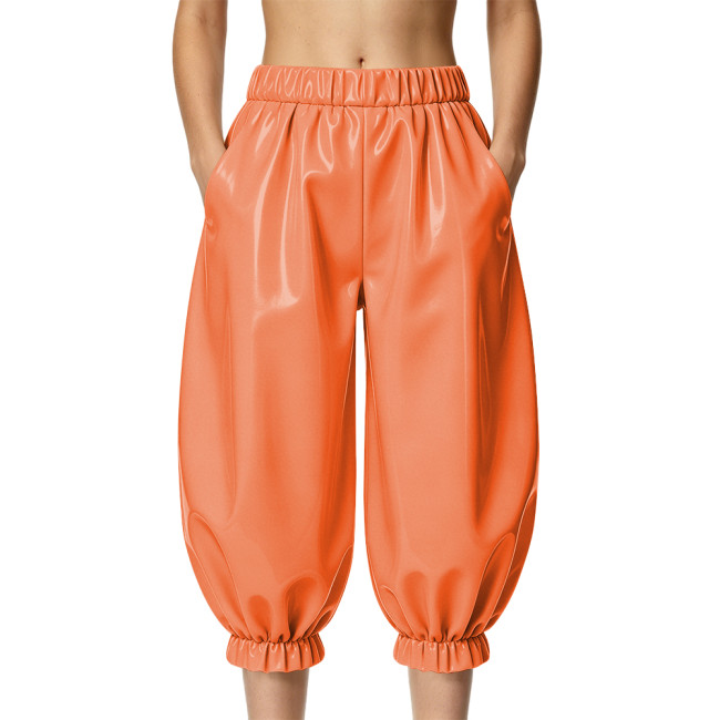 Ladies Shiny PVC Baggy Capri Trousers High Waist Wetlook Loose Midi Pants Womens Clothing Punk Vinyl Party Cropped Harem Pants