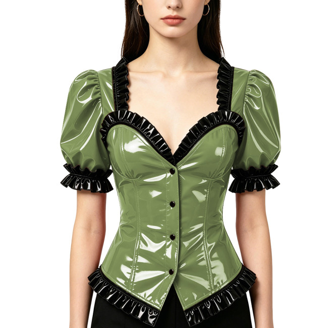 Vinyl Patent Leather Womens Top with Ruffles Trims Sexy V Neck Short Sleeve Female Blouses Ladies Clubwear PVC Cosplay Costume