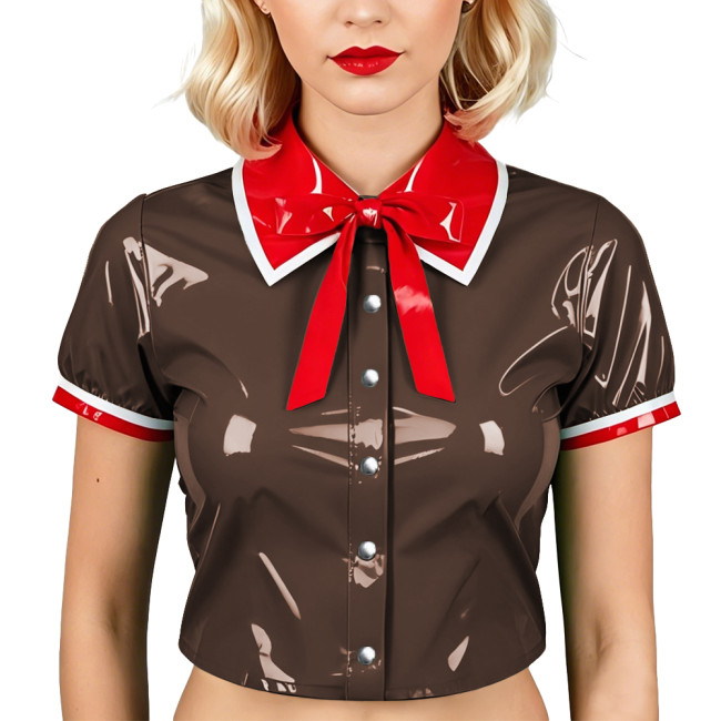 Womens PVC Patent Leather Crop Top Red Contrast Collar Bow Glossy Blouses Club Cosplay Tops Ladies Party Single-breasted Shirts