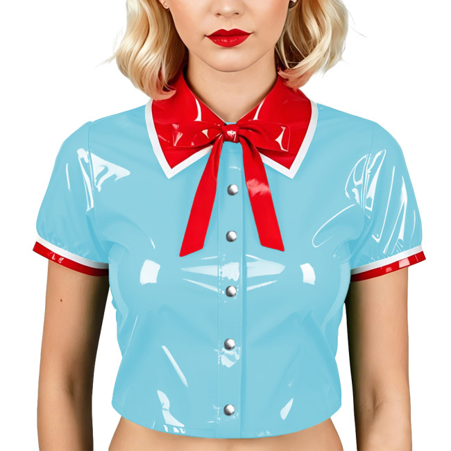Womens PVC Patent Leather Crop Top Red Contrast Collar Bow Glossy Blouses Club Cosplay Tops Ladies Party Single-breasted Shirts