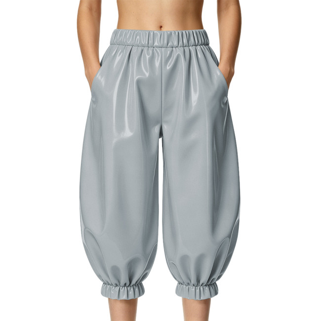 Ladies Shiny PVC Baggy Capri Trousers High Waist Wetlook Loose Midi Pants Womens Clothing Punk Vinyl Party Cropped Harem Pants