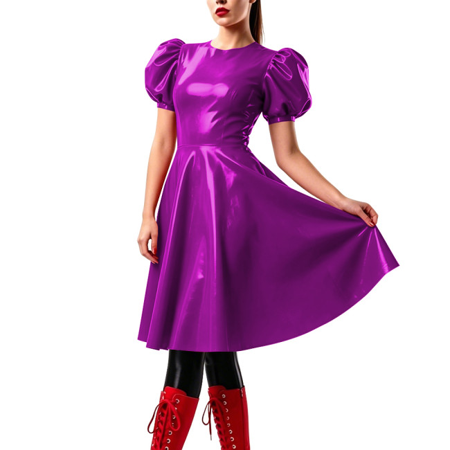 Elegant Knee-length Prom Dresses Puff Short Sleeve Vinyl PVC Leather Flared Dress Candy Color Party Swing Vestidos Clubwear