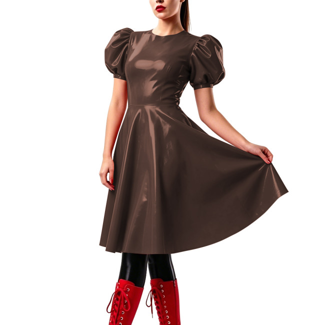 Elegant Knee-length Prom Dresses Puff Short Sleeve Vinyl PVC Leather Flared Dress Candy Color Party Swing Vestidos Clubwear
