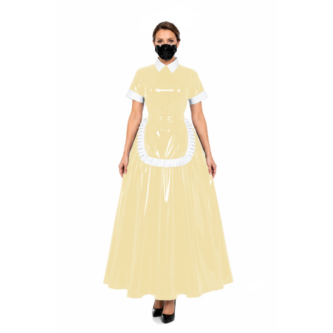 Glossy Gothic PVC Leather Long Maid Dress Outfits Lockable Short Sleeve Maxi A-line Dresses Sissy Maid Uniform Cosplay Costumes