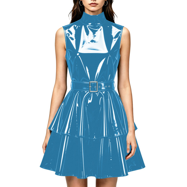 Women Shiny PVC Leather Sleeveless Mini Dress High Neck Wetlook Ruffle Dress with Belt Fashion Evening Cocktail Short Gown Dress