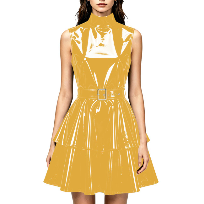 Women Shiny PVC Leather Sleeveless Mini Dress High Neck Wetlook Ruffle Dress with Belt Fashion Evening Cocktail Short Gown Dress