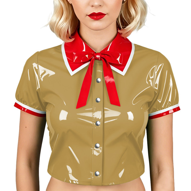 Womens PVC Patent Leather Crop Top Red Contrast Collar Bow Glossy Blouses Club Cosplay Tops Ladies Party Single-breasted Shirts
