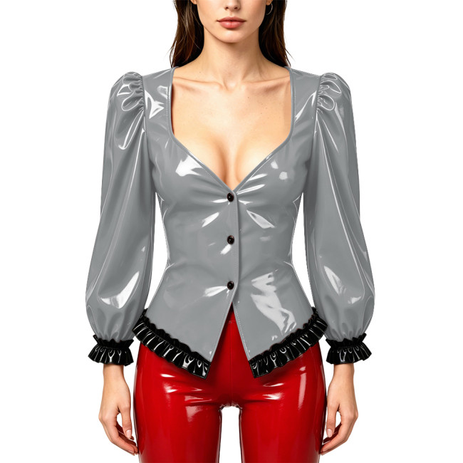 Ladies Sexy Long Puff Sleeve Blouse Deep V Neck Black Ruffle Trim Slim PVC Tops Wetlook Club Women Glossy Leather Party Shirts