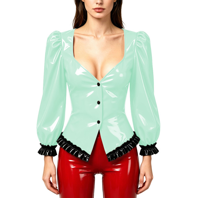 Ladies Sexy Long Puff Sleeve Blouse Deep V Neck Black Ruffle Trim Slim PVC Tops Wetlook Club Women Glossy Leather Party Shirts