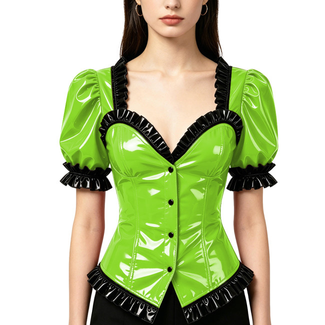 Vinyl Patent Leather Womens Top with Ruffles Trims Sexy V Neck Short Sleeve Female Blouses Ladies Clubwear PVC Cosplay Costume