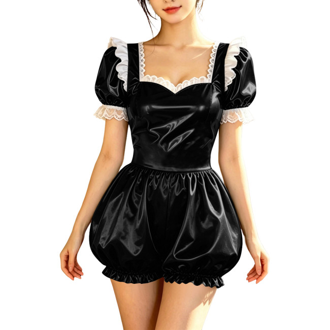 Womens Wetlook Sweetheart Collar Bubble Romper Glossy PVC Leather Puff Sleeve Club Cosplay Short Jumpsuit Female Party Outfit