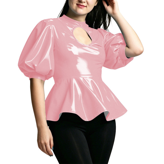 Vinyl PVC Leather Puff Sleeve Ruffles Blouses Cutout Mock Neck Slim Flare Hem Tops High Street Club Party Blouses Women Outfit