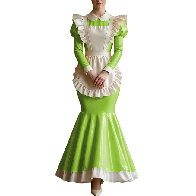 Wet PVC Leather Long Mermaid Prom Dress Sissy Party Cosplay Maid Uniforms Long Sleeves Peter Pan Collar Ruffles Dress with Apron