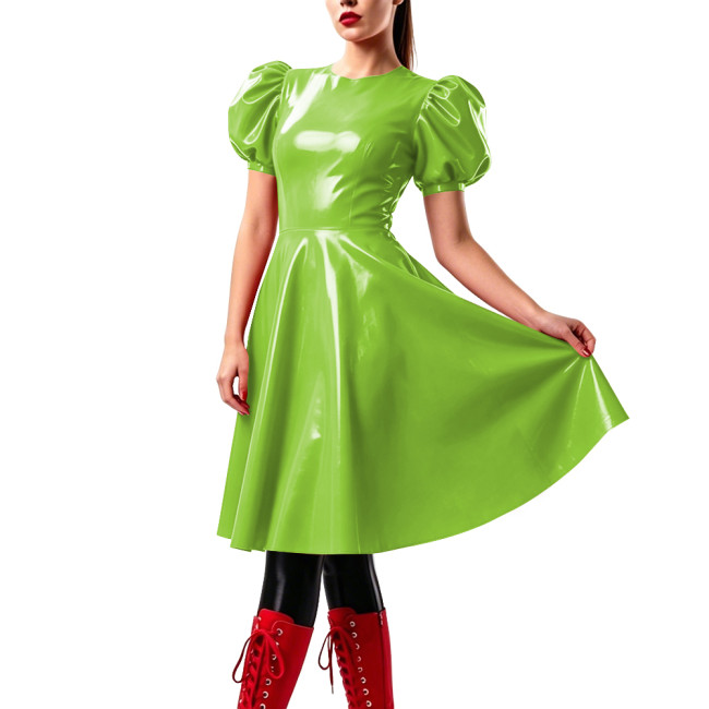 Elegant Knee-length Prom Dresses Puff Short Sleeve Vinyl PVC Leather Flared Dress Candy Color Party Swing Vestidos Clubwear