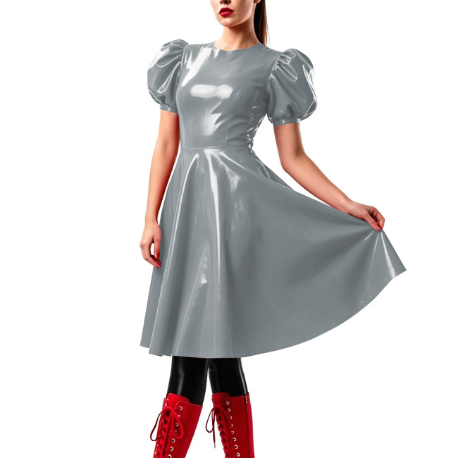 Elegant Knee-length Prom Dresses Puff Short Sleeve Vinyl PVC Leather Flared Dress Candy Color Party Swing Vestidos Clubwear