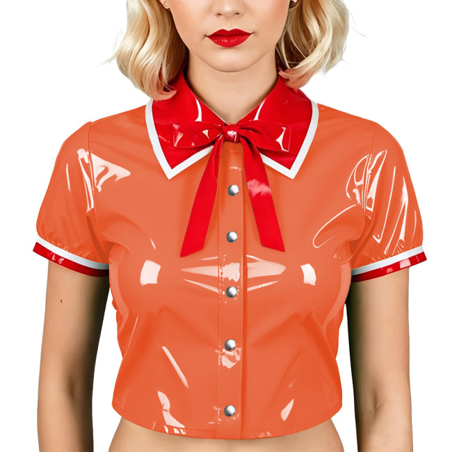Womens PVC Patent Leather Crop Top Red Contrast Collar Bow Glossy Blouses Club Cosplay Tops Ladies Party Single-breasted Shirts