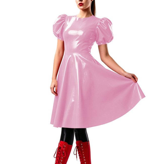 Elegant Knee-length Prom Dresses Puff Short Sleeve Vinyl PVC Leather Flared Dress Candy Color Party Swing Vestidos Clubwear