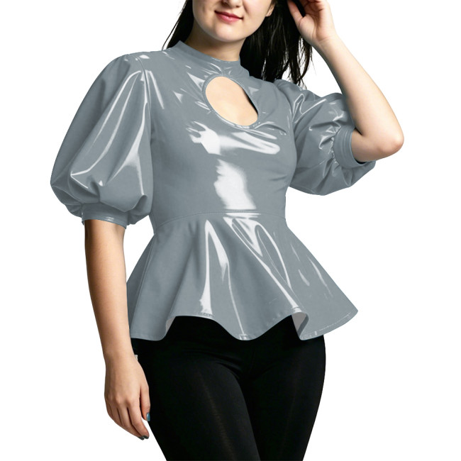 Vinyl PVC Leather Puff Sleeve Ruffles Blouses Cutout Mock Neck Slim Flare Hem Tops High Street Club Party Blouses Women Outfit