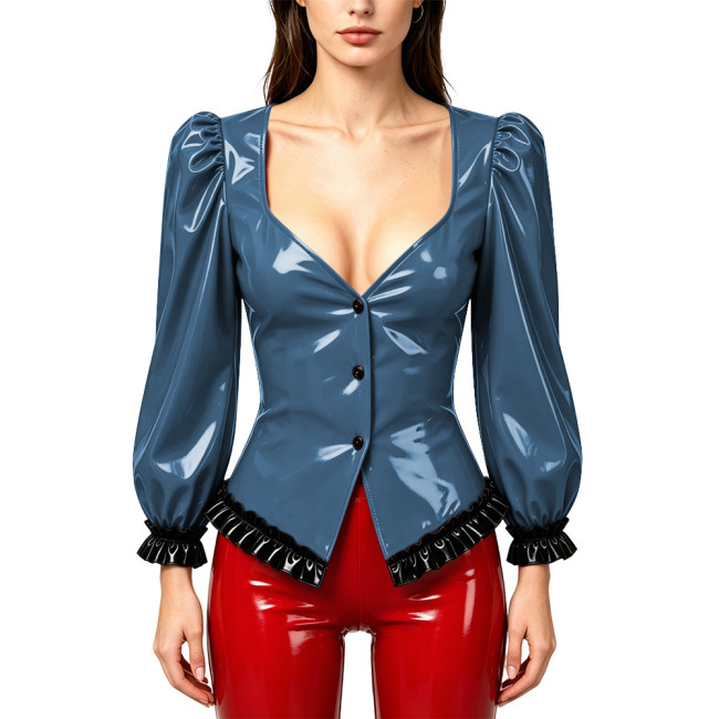 Ladies Sexy Long Puff Sleeve Blouse Deep V Neck Black Ruffle Trim Slim PVC Tops Wetlook Club Women Glossy Leather Party Shirts