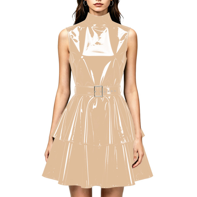 Women Shiny PVC Leather Sleeveless Mini Dress High Neck Wetlook Ruffle Dress with Belt Fashion Evening Cocktail Short Gown Dress