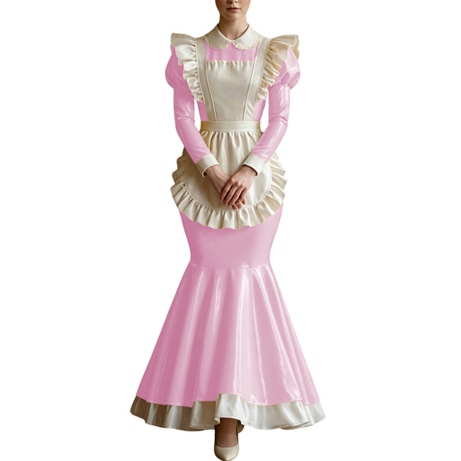Wet PVC Leather Long Mermaid Prom Dress Sissy Party Cosplay Maid Uniforms Long Sleeves Peter Pan Collar Ruffles Dress with Apron