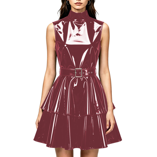 Women Shiny PVC Leather Sleeveless Mini Dress High Neck Wetlook Ruffle Dress with Belt Fashion Evening Cocktail Short Gown Dress
