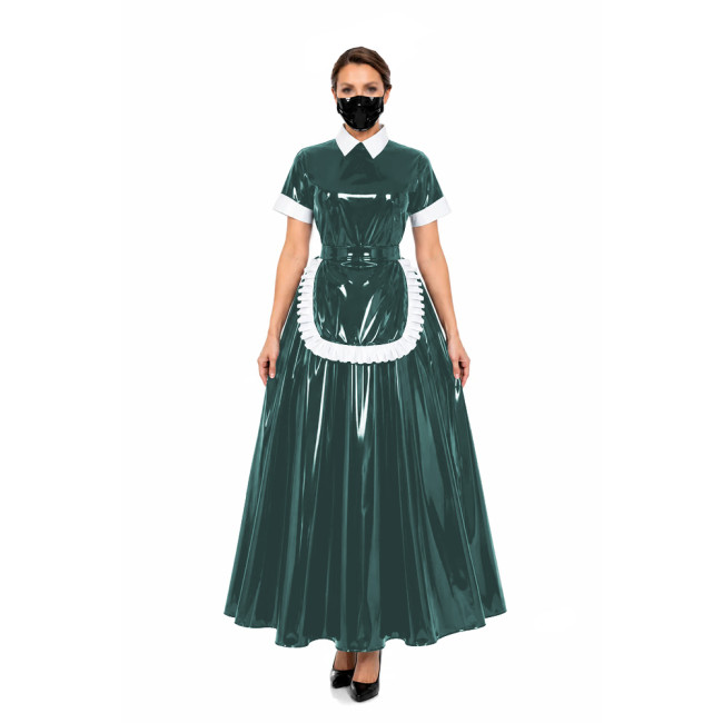 Glossy Gothic PVC Leather Long Maid Dress Outfits Lockable Short Sleeve Maxi A-line Dresses Sissy Maid Uniform Cosplay Costumes