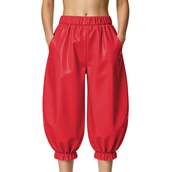 Ladies Shiny PVC Baggy Capri Trousers High Waist Wetlook Loose Midi Pants Womens Clothing Punk Vinyl Party Cropped Harem Pants
