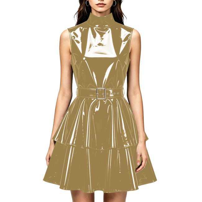 Women Shiny PVC Leather Sleeveless Mini Dress High Neck Wetlook Ruffle Dress with Belt Fashion Evening Cocktail Short Gown Dress