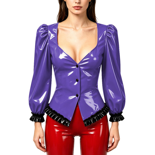 Ladies Sexy Long Puff Sleeve Blouse Deep V Neck Black Ruffle Trim Slim PVC Tops Wetlook Club Women Glossy Leather Party Shirts