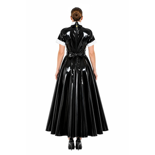 Glossy Gothic PVC Leather Long Maid Dress Outfits Lockable Short Sleeve Maxi A-line Dresses Sissy Maid Uniform Cosplay Costumes