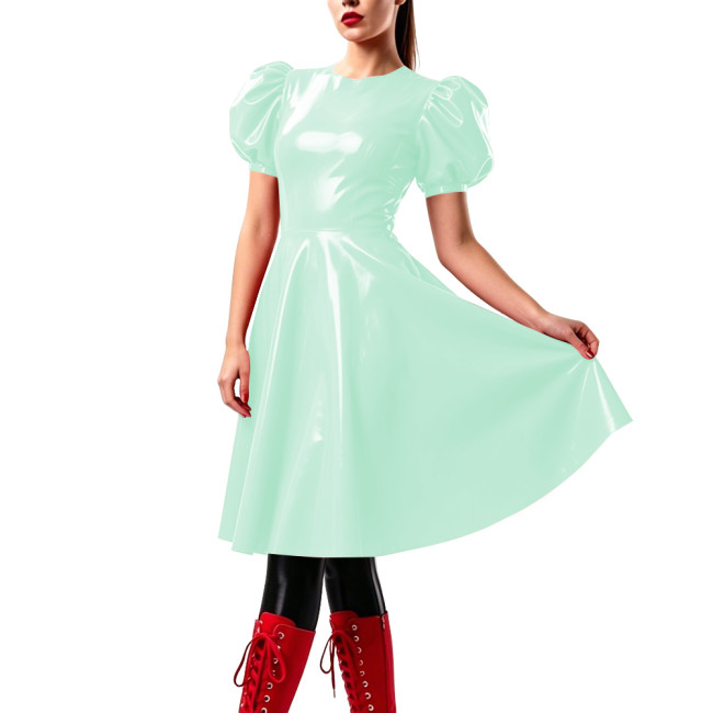 Elegant Knee-length Prom Dresses Puff Short Sleeve Vinyl PVC Leather Flared Dress Candy Color Party Swing Vestidos Clubwear
