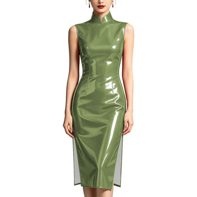 Plus Size Ladies Vintage Glossy Midi Cheongsam Dress Stand Collar Sleeveless Vinyl PVC Leather Elegant Dress with Split Clubwear