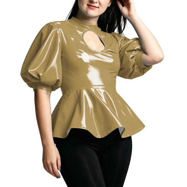 Vinyl PVC Leather Puff Sleeve Ruffles Blouses Cutout Mock Neck Slim Flare Hem Tops High Street Club Party Blouses Women Outfit