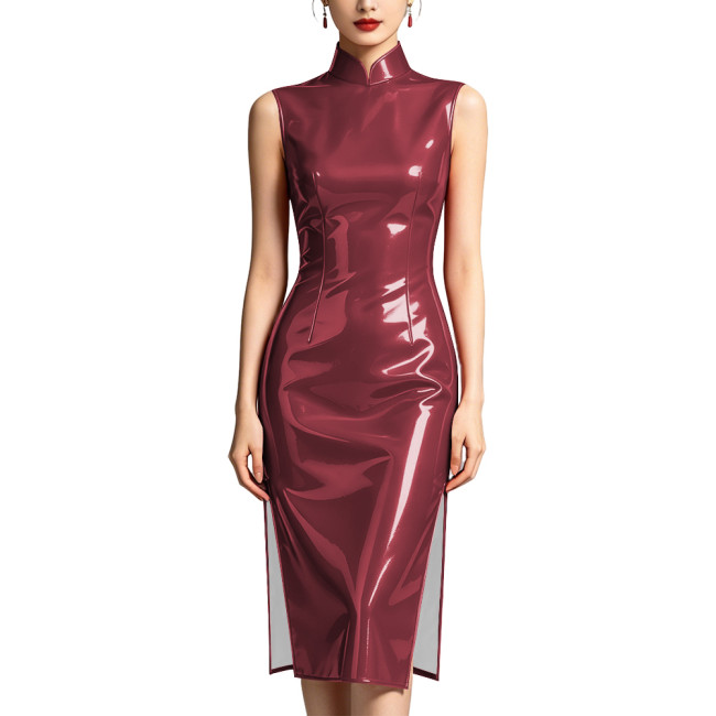 Plus Size Ladies Vintage Glossy Midi Cheongsam Dress Stand Collar Sleeveless Vinyl PVC Leather Elegant Dress with Split Clubwear
